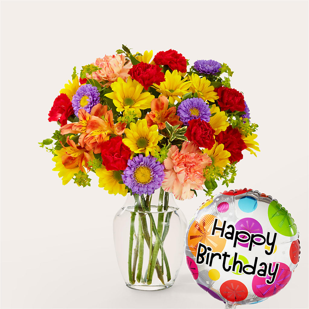Kaleidoscope Bouquet with Birthday Balloon – Maison Blooms, Wesley Chapel FL