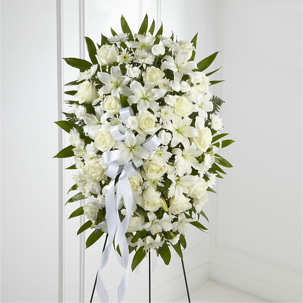 Exquisite Tribute Standing Spray-White Ribbon – Maison Blooms, Wesley Chapel FL
