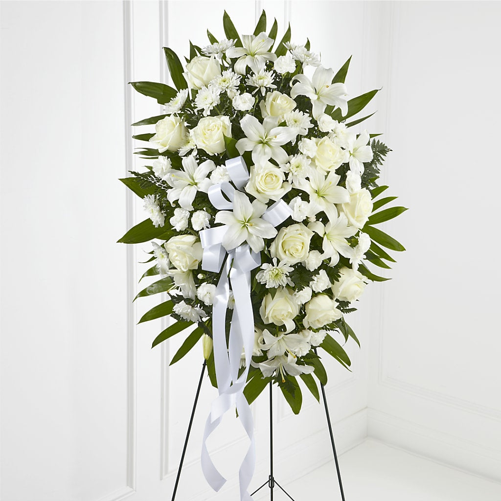 Exquisite Tribute Standing Spray-White Ribbon – Maison Blooms, Wesley Chapel FL