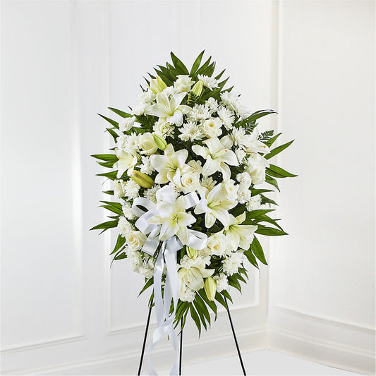 Exquisite Tribute Standing Spray-White Ribbon – Maison Blooms, Wesley Chapel FL