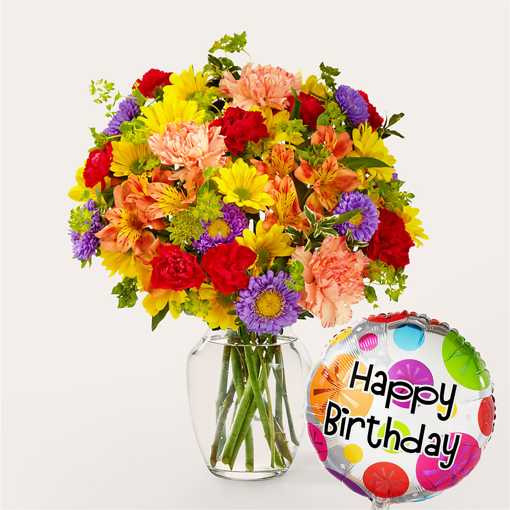 Kaleidoscope Bouquet with Birthday Balloon –  Maison Blooms, Wesley Chapel FL