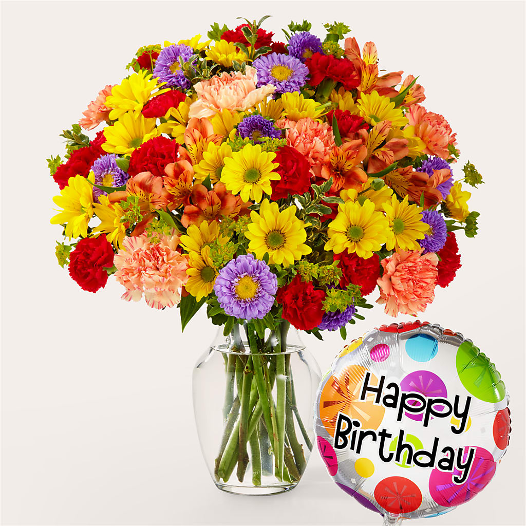 Kaleidoscope Bouquet with Birthday Balloon –  Maison Blooms, Wesley Chapel FL