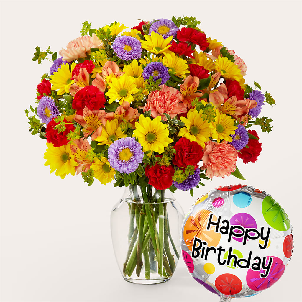 Kaleidoscope Bouquet with Birthday Balloon –  Maison Blooms, Wesley Chapel FL
