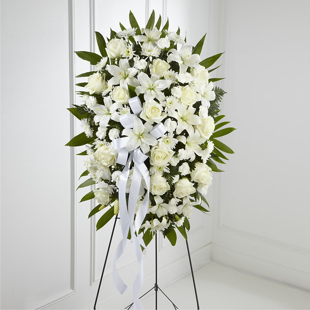 Exquisite Tribute Standing Spray-White Ribbon –  Maison Blooms, Wesley Chapel FL