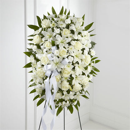 Exquisite Tribute Standing Spray-White Ribbon –  Maison Blooms, Wesley Chapel FL