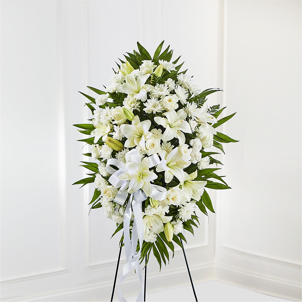 Exquisite Tribute Standing Spray-White Ribbon –  Maison Blooms, Wesley Chapel FL